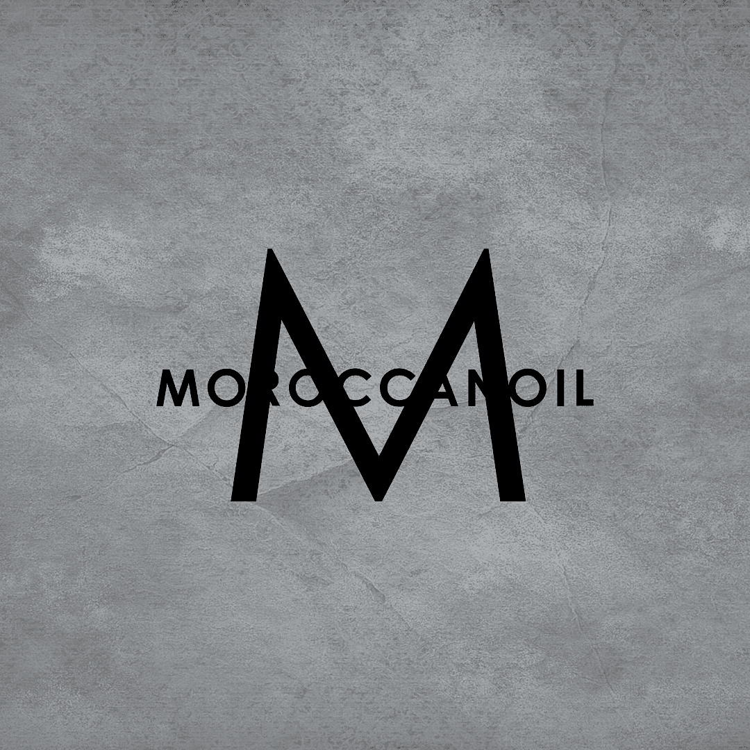 Moroccanoil logo with stylized 'M' on a textured grey background.