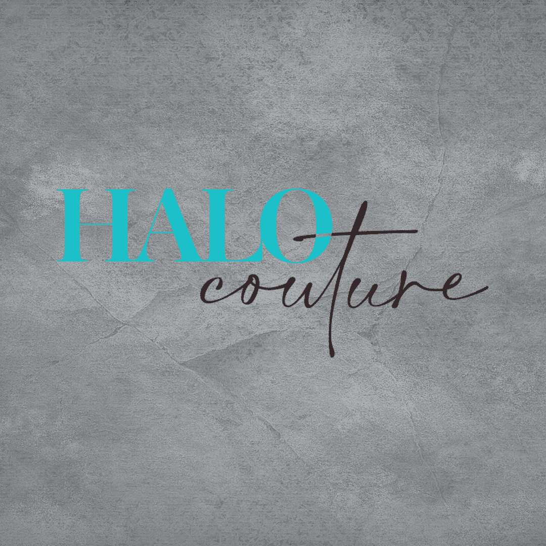 Halo Couture logo with teal 'Halo' and cursive black 'couture' on a gray textured background.