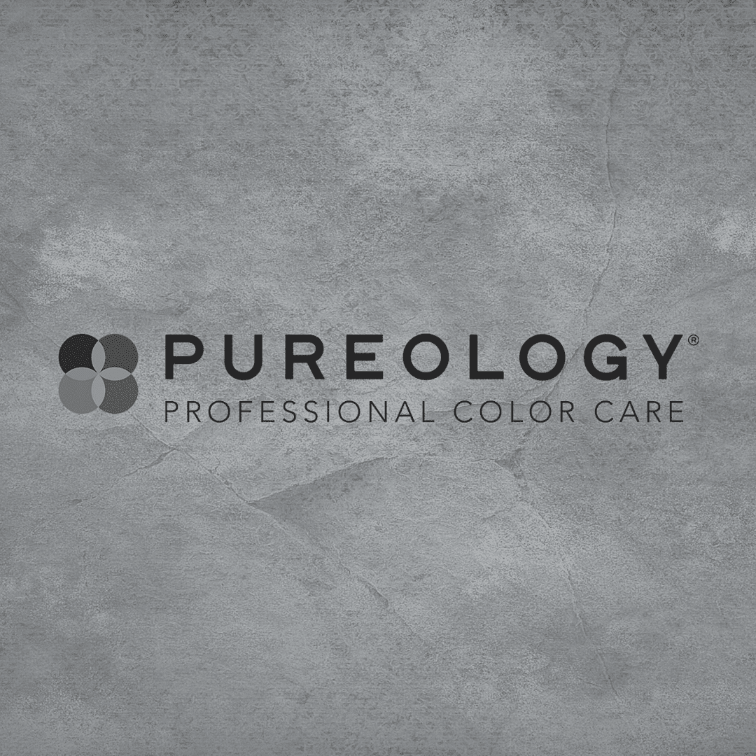 Pureology brand logo on a textured grey background.